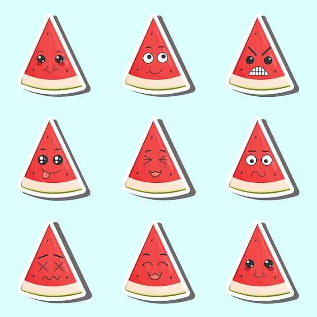 Set of stickers red watermelon with kawaii emotions Flat vector illustration of a watermelon with emotions On a blue background