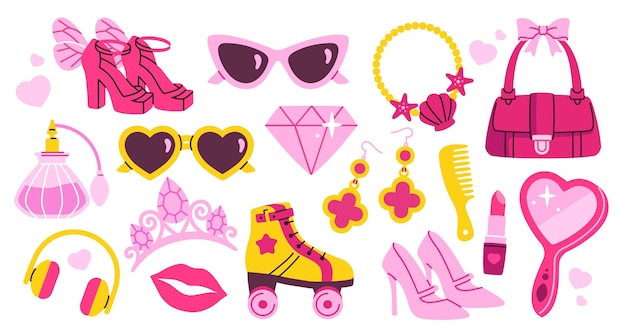 Set stickers roze illustraties van glazen tas parfumrollers accessoires hakken en cosmetica