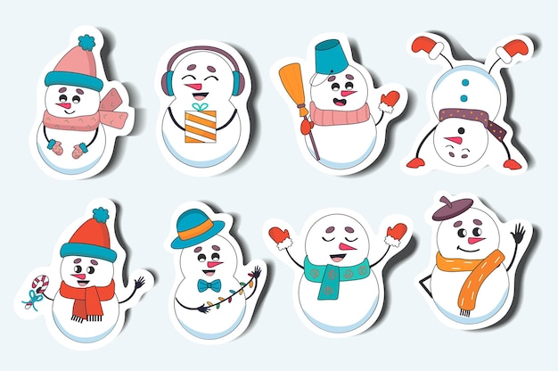 Vector set of stickers snowmen in cartoon style these stickerstyle flat design illustrations