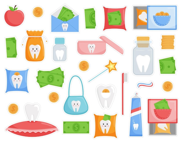 A set of stickers on the theme of a fallen tooth. The tooth is in a bag, boxes, cones, jars.