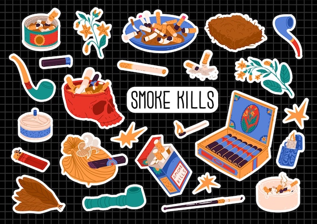 Set of Stickers on the theme of tobacco smoking Different types of overflowing ashtrays Bad habits unhealthy lifestyle Smoker's accessories Vector objects isolated on white background