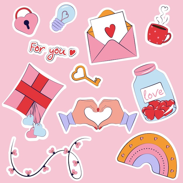 Set of stickers for Valentines Day on a pink background