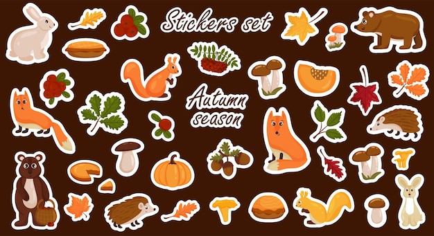 Set stickers van herfstelementen, dieren, paddenstoelen, heldere kleurrijke herfstbladeren. vectorbeeldverhaalstijl. geïsoleerd op een witte achtergrond.