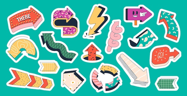 Set of Stickers Vibrant Dynamic Arrow Signs Exude Energy And Direction Guiding With Their Bold Presence Linear Symbols For Infographic Designs Or School Presentations Cartoon Vector Illustration