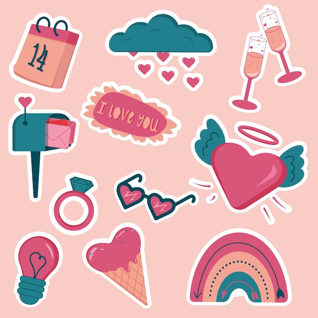 Set stickers voor Valentijnsdag roze beige turquoise