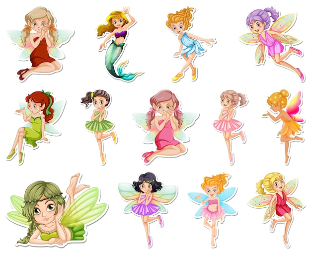 Set of stickers with beautiful fairies and mermaid cartoon character