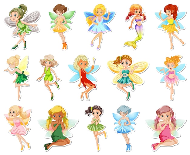 Set of stickers with beautiful fairies and mermaid cartoon character