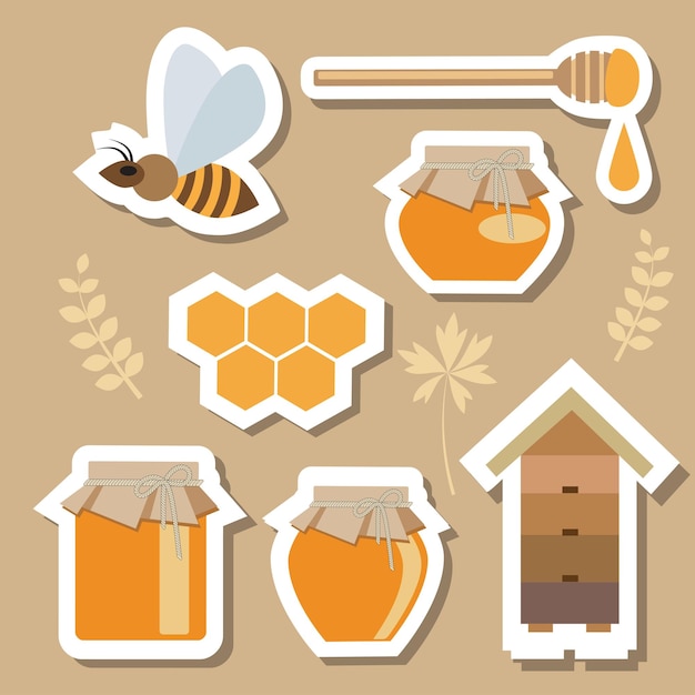 Vector set of stickers with bees and honey