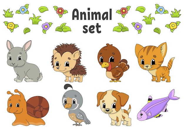 Set di adesivi con simpatici personaggi dei cartoni animati animali clipart