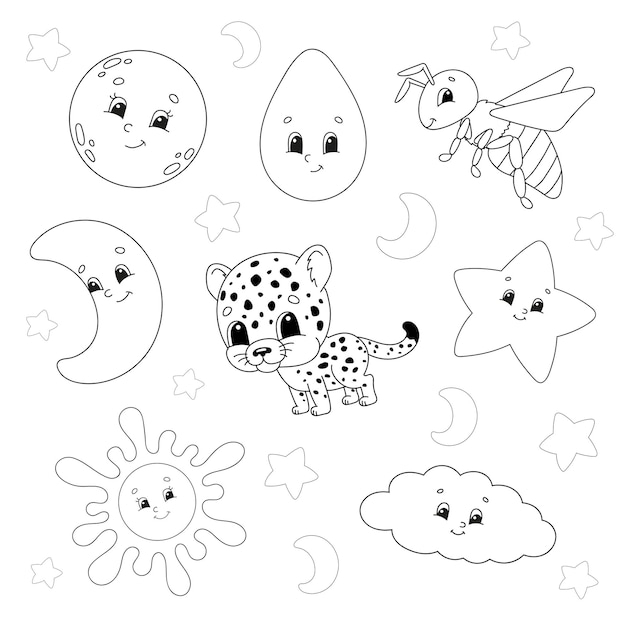 Set of stickers with cute cartoon characters Coloring book for kids