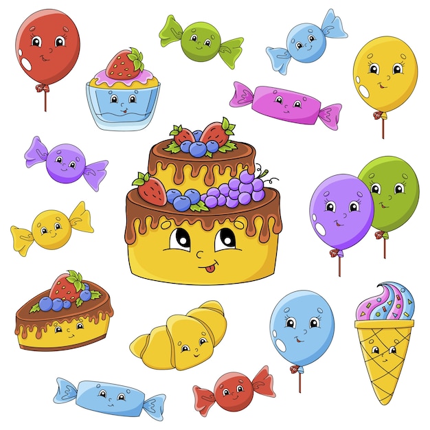 Set of stickers with cute cartoon characters. happy birthday theme. hand drawn.