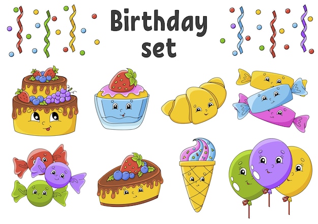 Set of stickers with cute cartoon characters. Happy birthday theme.