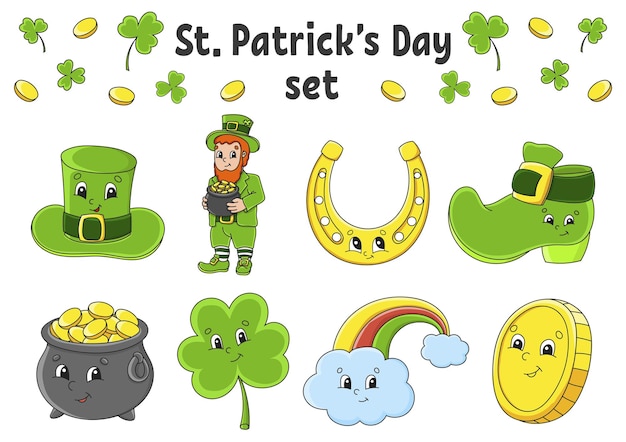 Set of stickers with cute cartoon characters. St. Patrick's Day.