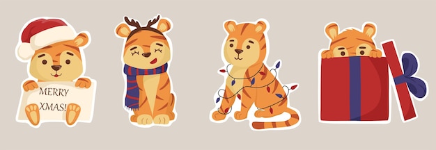 Set of stickers with a cute cartoon tiger New Year and Christmas stickers Symbol of the new year