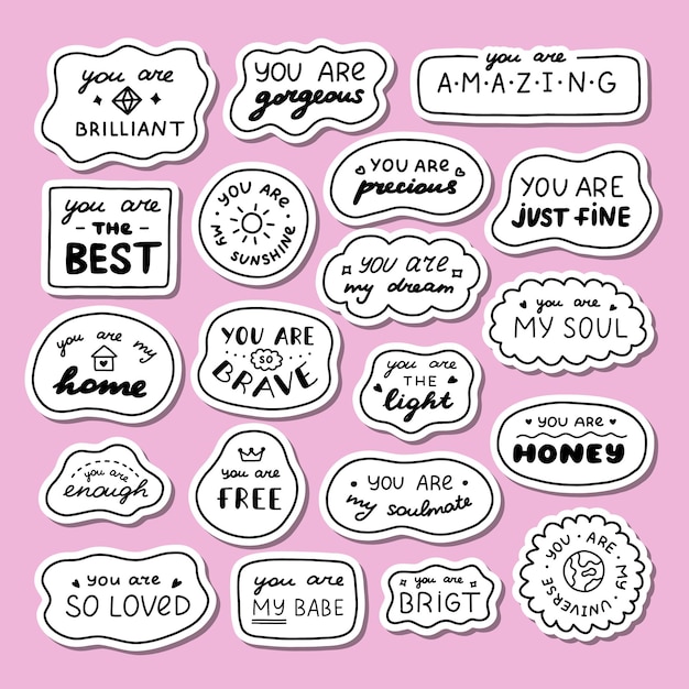 Set of stickers with cute doodle inspirational and compliment quotes for planners notebook ready for print list of cute stickers handwritten lettering love and motivational phrases