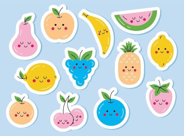 Un set di adesivi con simpatici frutti kawaii disegno per bambini