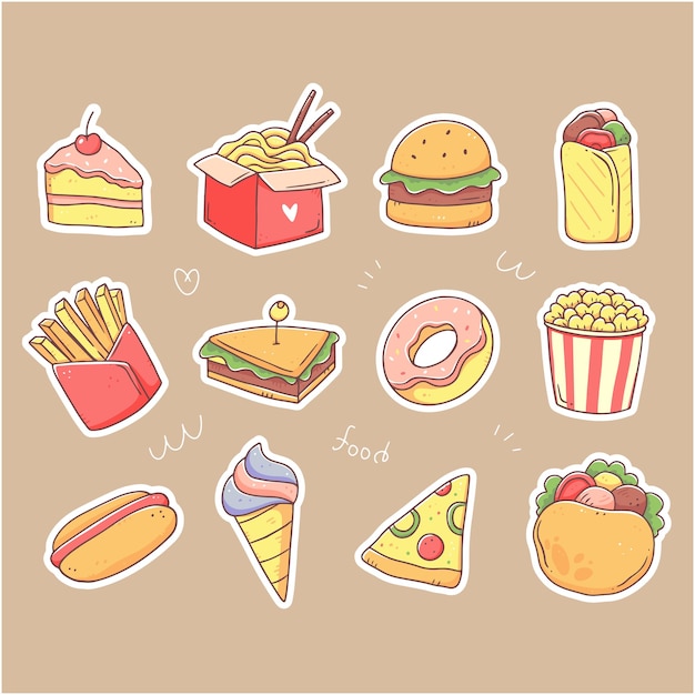 Un set di adesivi con fast food cibo spazzatura in stile doodle illustrazione clipart isolata vettoriale