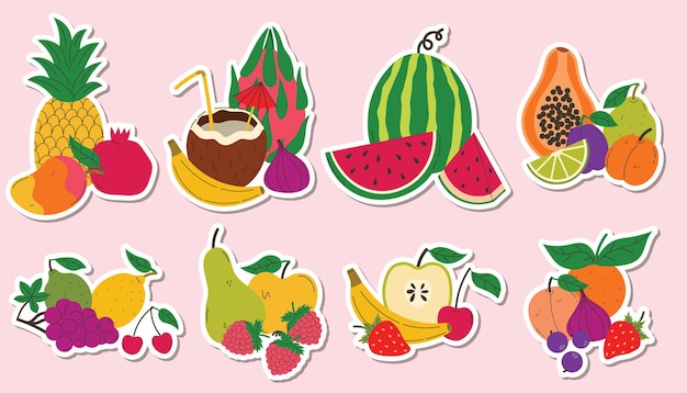 Set of stickers with fruits still life Tropical snack compositions set Summer juicy fruits labels