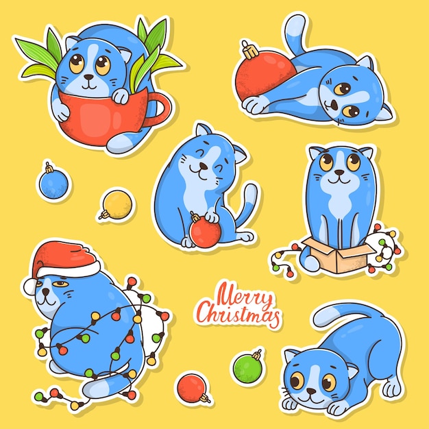 Set of stickers with a funny cat in a Santa hat and Christmas balls