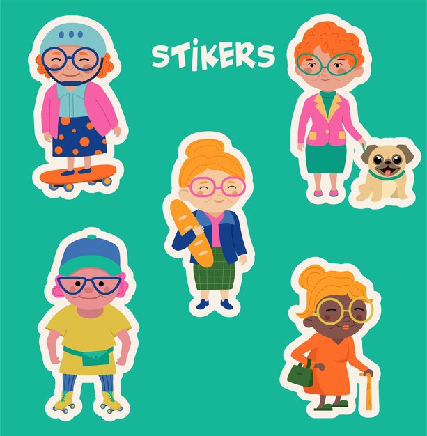 Vector set of stickers with funny grandmothers vector illustration