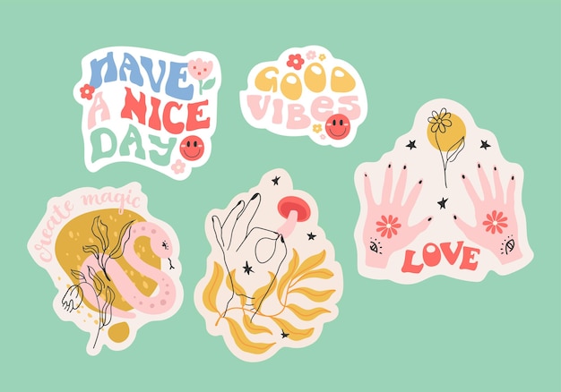 Set of stickers with lettering and illustrations about 70s Vector stickers