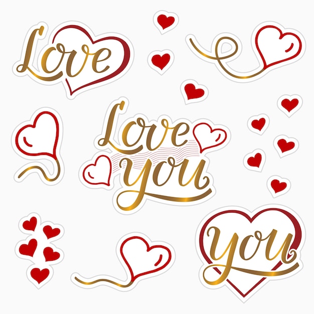 A set of stickers with a love theme in gold and red. Handwritten hearts and heart balloons.