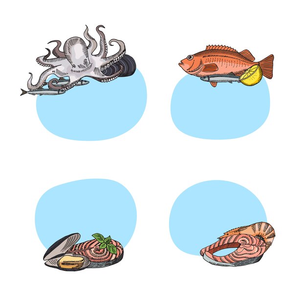 Vector set of stickers with place for text with hand drawn seafood elements