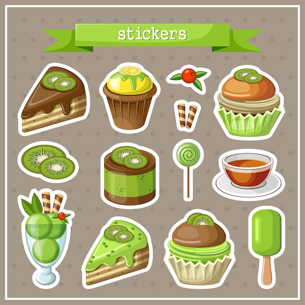 Set of stickers with sweets, cakes, ice cream and cupcakes