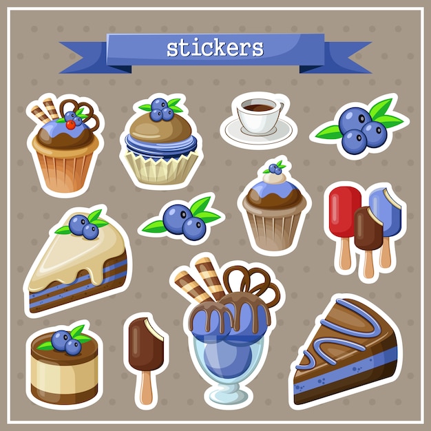 Set of stickers with sweets, cakes, ice cream and cupcakes