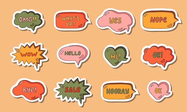 Set of stickers with trendy speech bubbles with hand drawn talk phrases in different shapes