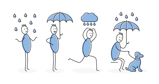 Set of stickman with rain vector. Containing stick man with umbrella and raining vector illustration