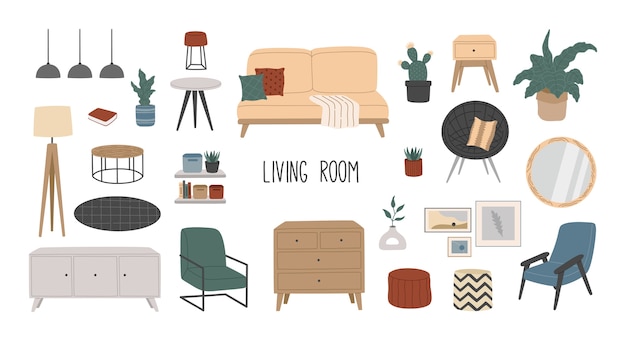 Vector set stijlvolle scandinavische meubels voor in de woonkamer, hygge interieur.