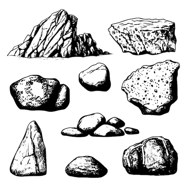 Vettore set di pietre e rocce illustrazione disegnata a mano