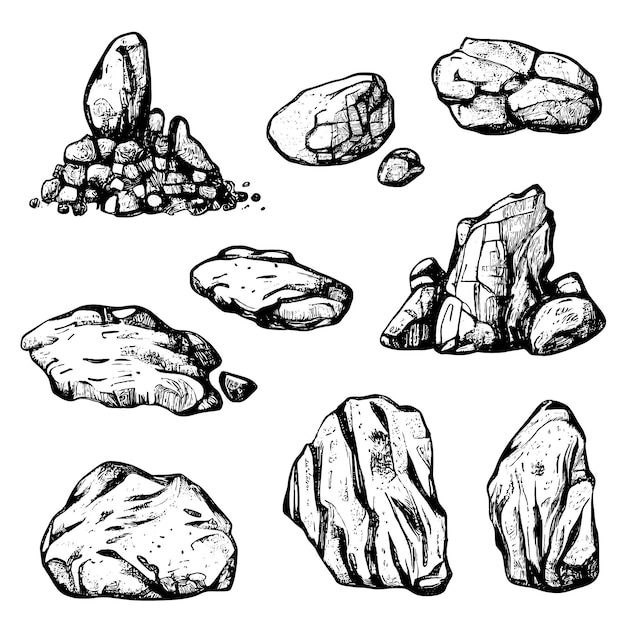 Set of stones and rocks hand drawn illustration