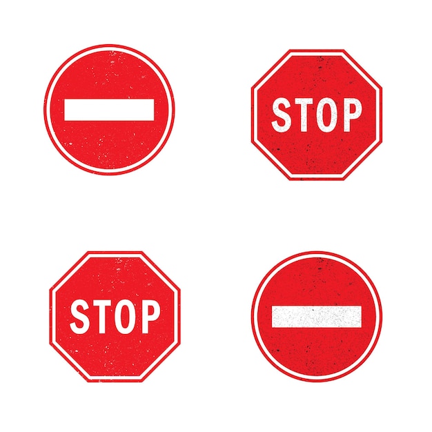 Set of stop signs with grunge texture Flat vector illustration