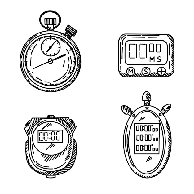 Set stopwatch sketched isolated Timer in hand drawn style