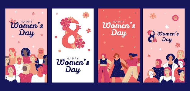 Vettore un set di modelli di storie per festeggiare la giornata della donna per i social network con una folla di donne