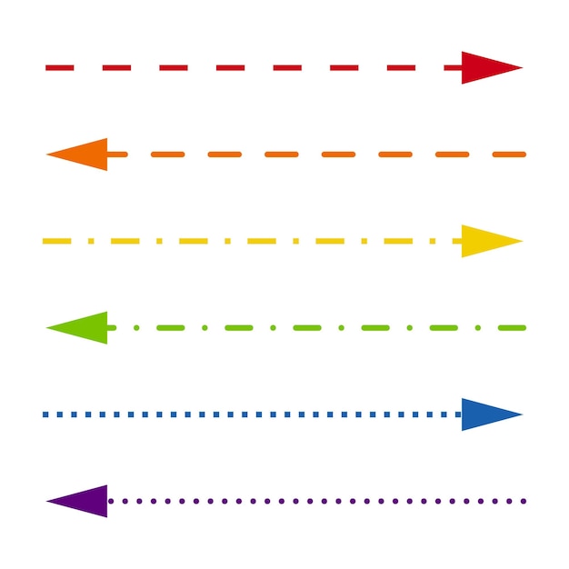 Vettore una serie di dritte sottili frecce multicolori dell'arcobaleno di diverse forme segni puntinati minimalisti