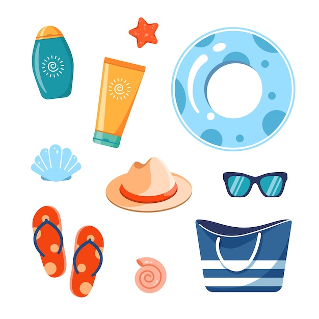 Set strandaccessoires geïsoleerd op een witte achtergrond zomervakantie vectorillustratie