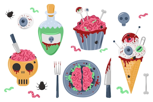 Vettore set di cibo strano per halloween cibo per zombie illustrazione vettoriale