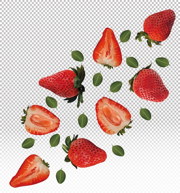 Set of strawberries with leaves on transparent background. Strawberry fruits are whole and cut in half. Useful ripe fresh strawberries rich in vitamins, natural product. Realistic illustration.