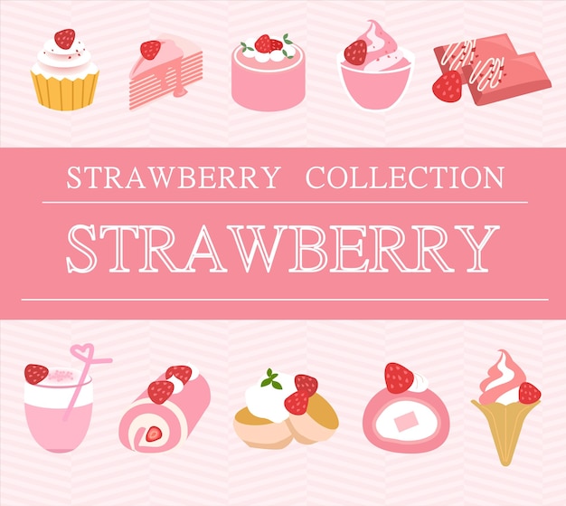 Set of strawberry cake dessert material on pink background