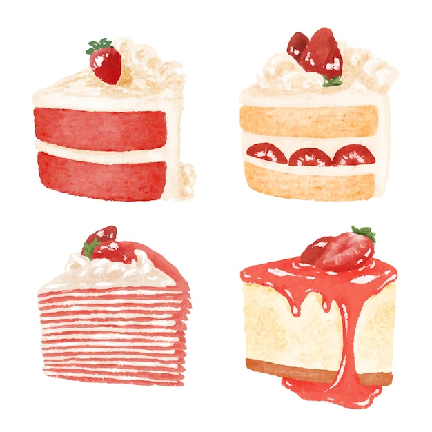 Set of strawberry cakes and desserts illustration