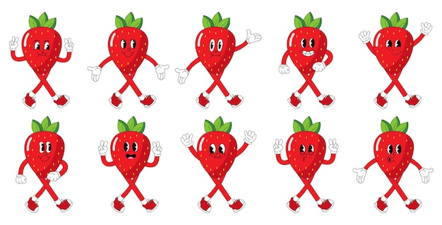 A Set of strawberry cartoon groovy stickers with funny comic characters, gloved hands. Modern illust