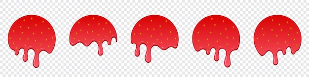 Set of strawberry drops Dripping melted strawberry Realistic melted strawberry Strawberry drops Melting strawberry Red liquid dessert sweet drip melt Vector illustration