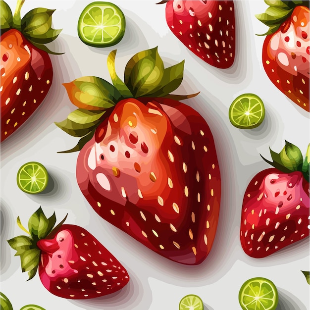 Set of strawberry fruits and leaves elements on a white background decorative botanical vector