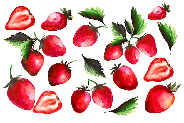 Set of strawberry fruits with green leaves akarelna illustration