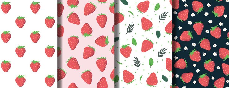 Vector set of strawberry with leaves and flowers vector pattern background fruit illustration isolated