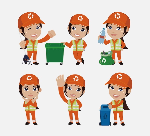 Set of street cleaner with different poses