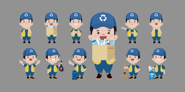 Set of street cleaner with different poses